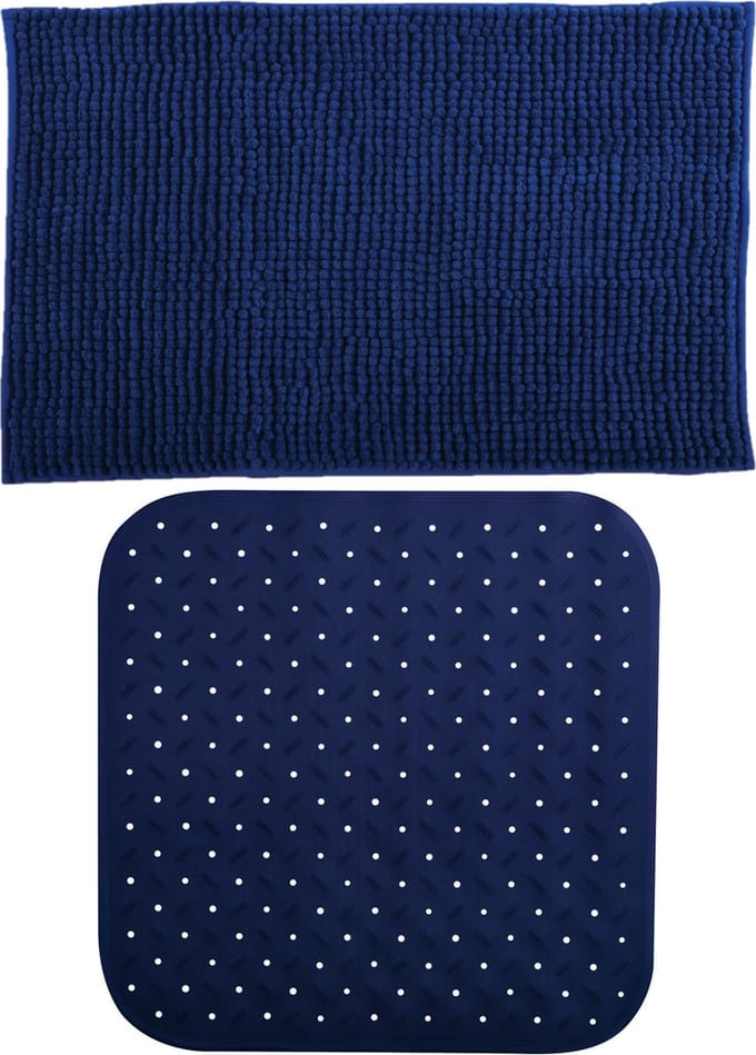 MSV Douche anti-slip mat en droogloop mat - Sevilla badkamer set - rubber/microvezel - donkerblauw
