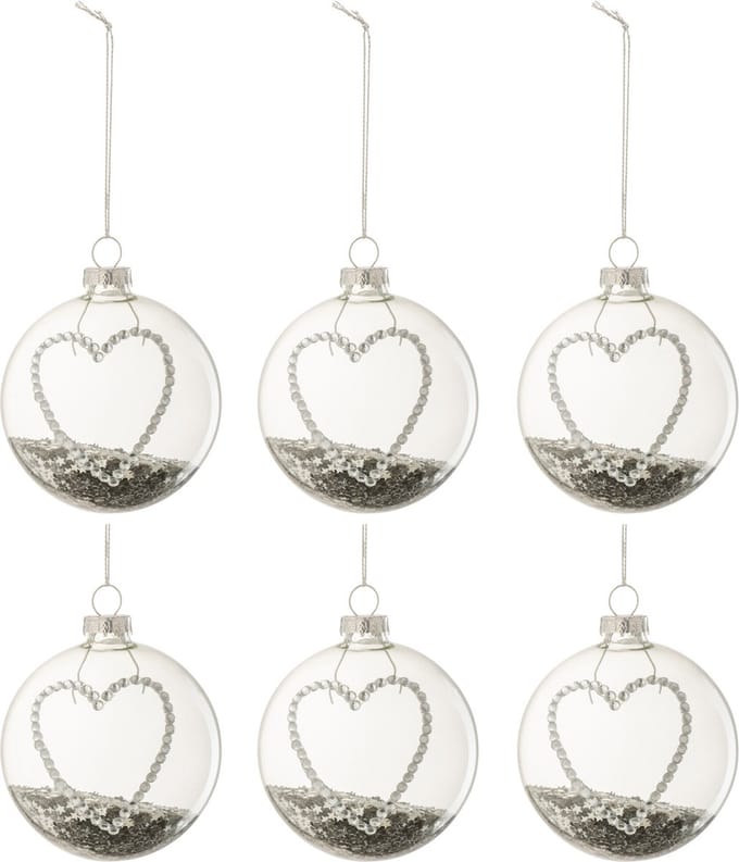 J-Line kerstbal Hart Strass Zilver Sterretjes - glas - small - doos van 6