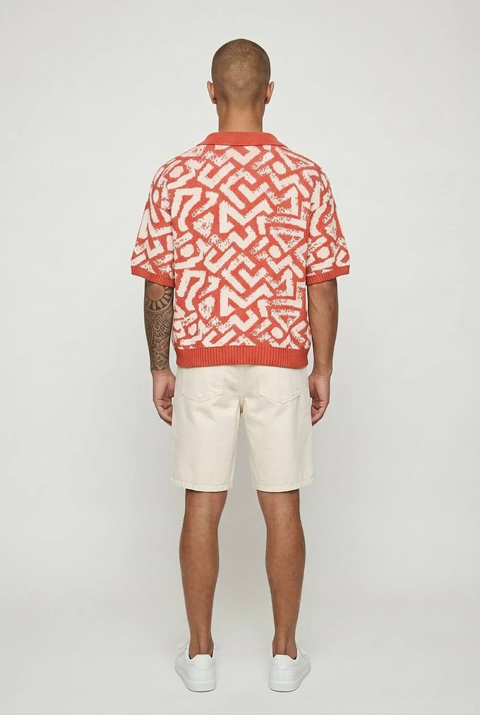 Oversized Boxy Abstract Jacquard Knitted Polo T-Shirt | Orange | Size Small