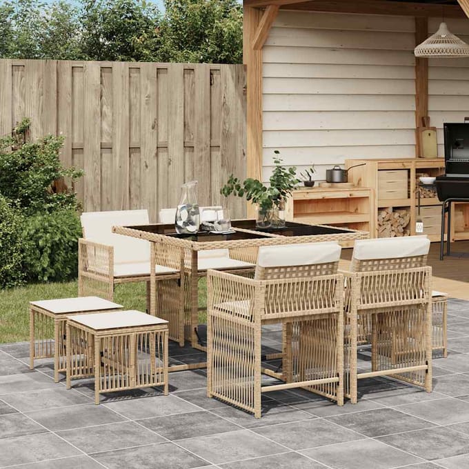 vidaXL - 9-delige - Tuinset - met - kussens - poly - rattan - beige