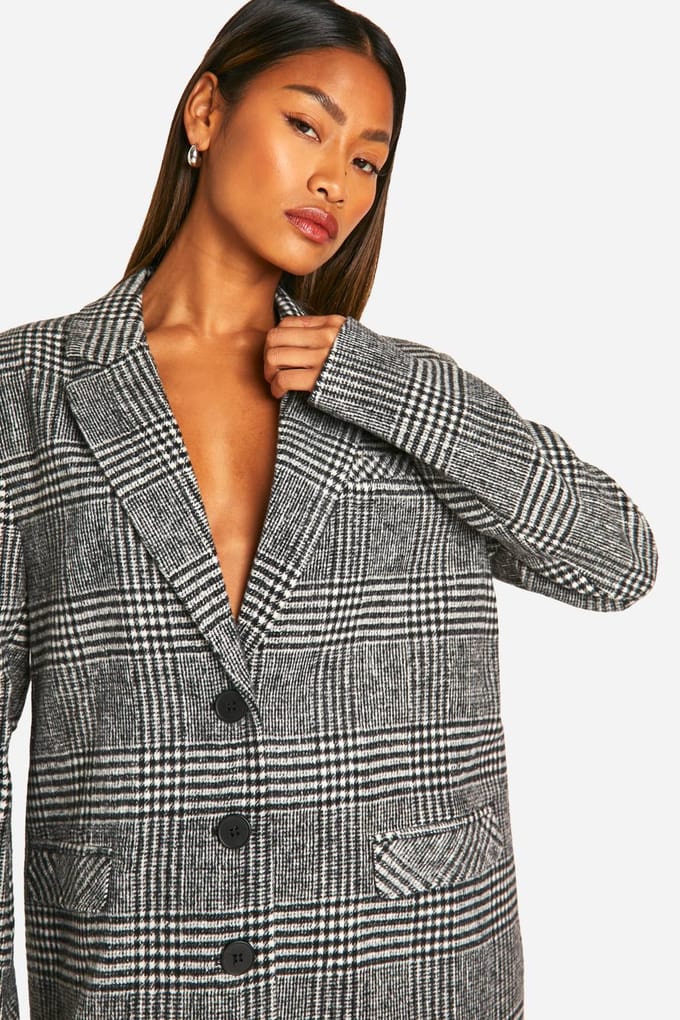 boohoo Dames Premium wollenlook geruite oversized blazer | Black | Maat: 12