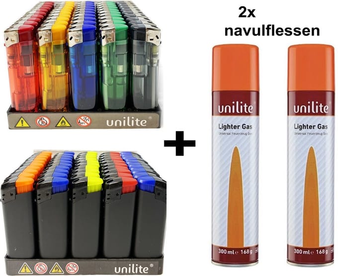 Klik Aanstekers - 100 stuks - Unilite electronic lighter - navulbaar aansteker + 2 gasflessen