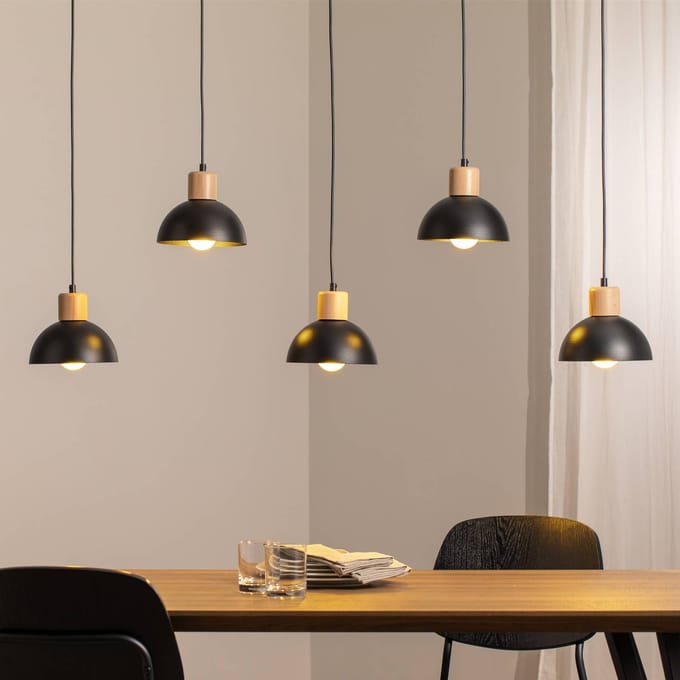 EMIBIG LIGHTING Seco hanglamp, lengte 116 cm, zwart, metaal/hout, 5-lamps.