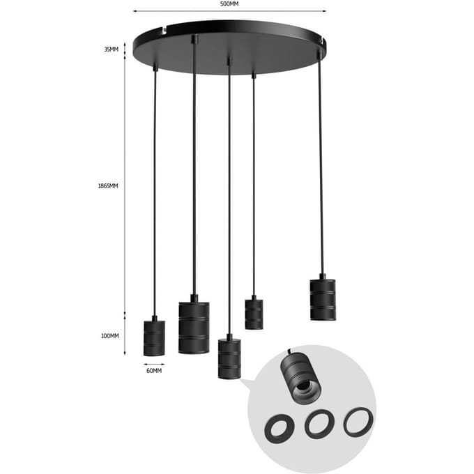 Calex Retro Plafondlamp - 5x E27 - Hanglamp Industrieel - Ø50cm Pendellamp Rond - Zwart