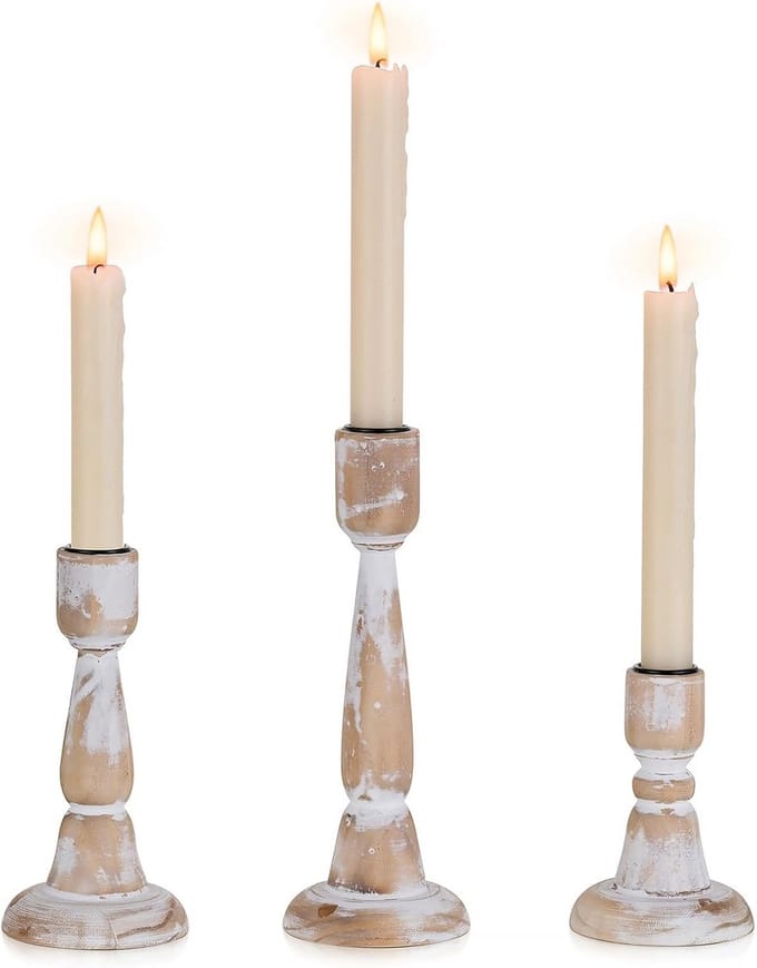 Omgoods - Set van 3 Houten Kandelaren voor Taperkaarsen