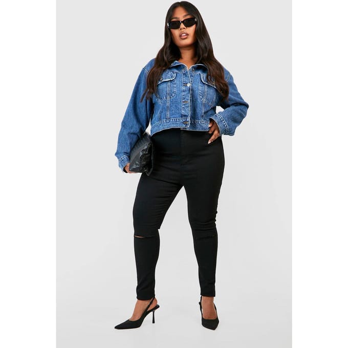 boohoo Dames Plus Rip Knie Skinny Jegging | Black | Maat: 28