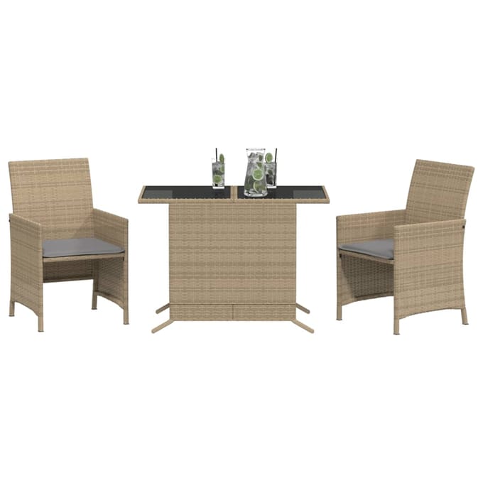 vidaXL - 3-delige - Bistroset - met - kussens - poly - rattan - gemengd - beige