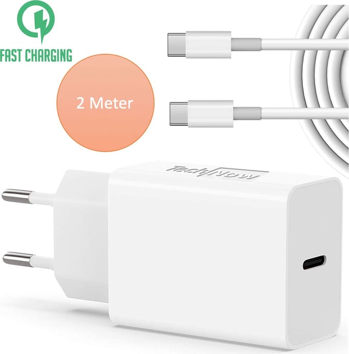 Snellader USB C Oplader 2 Meter - Adapter met USB C Kabel - USB C naar USB C - Universeel voor Telefoon / Tablet / Smartphone / GSM