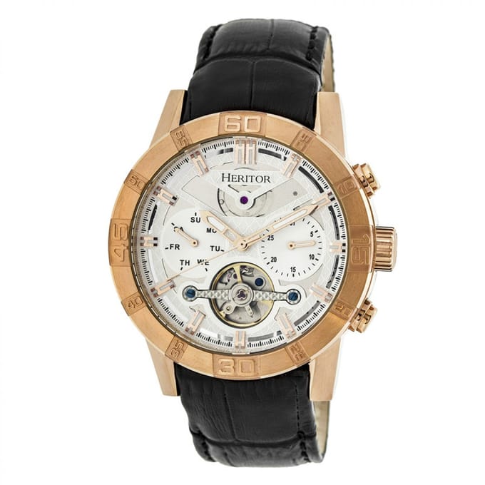 Heritor Automatic Hannibal Semi-Skelet Horloge met Leren Band - Roségoud/Zilver