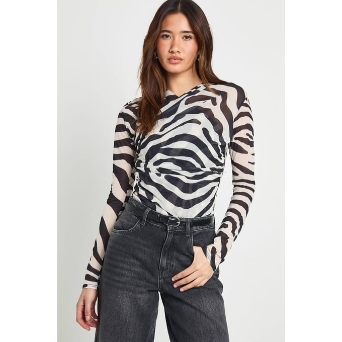 boohoo Dames Zebra Mesh Flare Mouw Cross Over Bodysuit | Black/White | Maat: 6