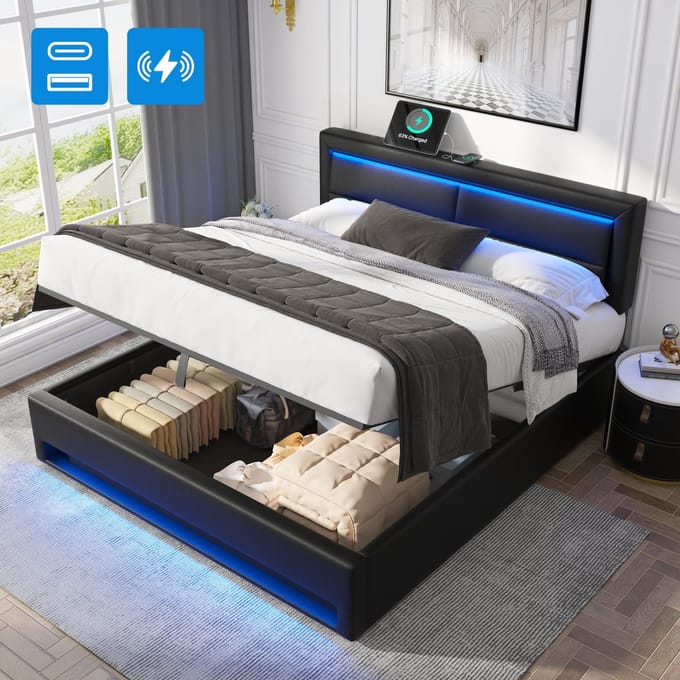 Gestoffeerd bed - 140x200 cm - LED en USB met Draadloos Opladen - Opbergruimte - PU - Zwart