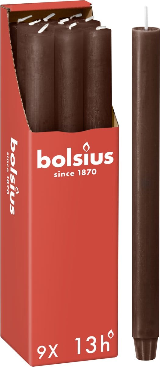 Bolsius - Rustieke Dinerkaarsen - Donkerbruin - 9 stuks - 13 branduren - 27cm