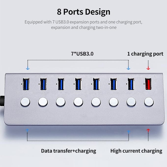 Multifunctionele 8-poorts USB-hub USB-verlengkabel met 7 USB 3.0-uitbreidingspoorten 1 Oplaadpoort grijs