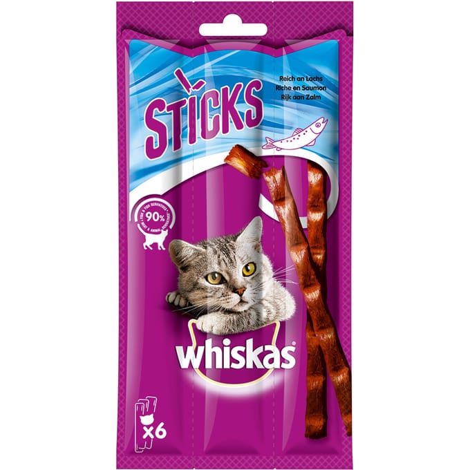 28x 36g Whiskas Sticks Rijk aan Zalm Kattensnacks