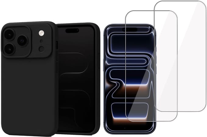Technow hoesje + 2x Screenprotector geschikt voor iPhone 17 Pro Max – Tempered Glass - Liquid Back Case - Cover - Zwart