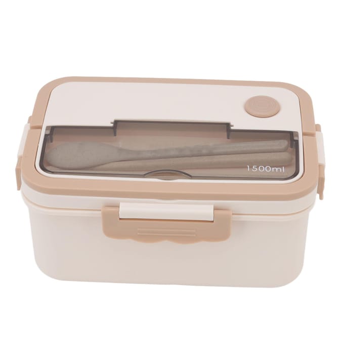 Boîte à déjeuner 1500ml Plastique résistant à la chaleur Boîte Bento Récipients à déjeuner portables avec baguettes cuillère beige