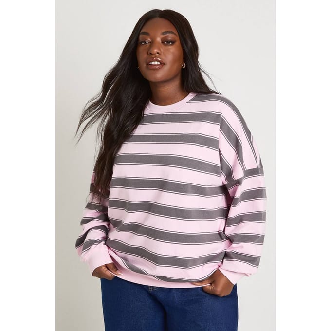 boohoo Dames Plus Gestreepte Oversized Crew Neck Sweatshirt | Lichtroze | Maat: 48