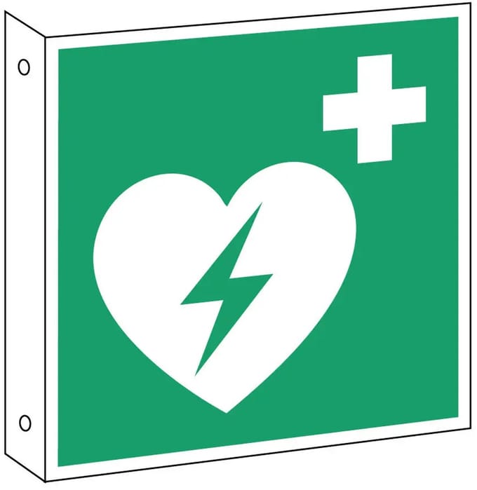 Haaks dubbelzijdig AED bord – aluminium – E010 | 20 x 20 cm