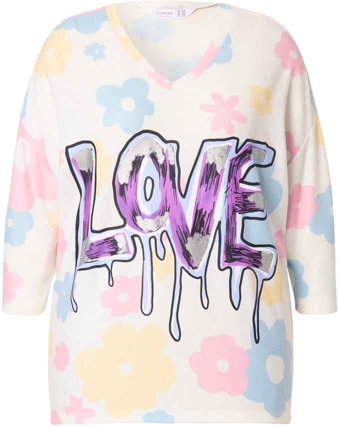MIAMODA - Dames - Trui oversized bloemen glanzend statement - Sneeuwwit - Maat 46+