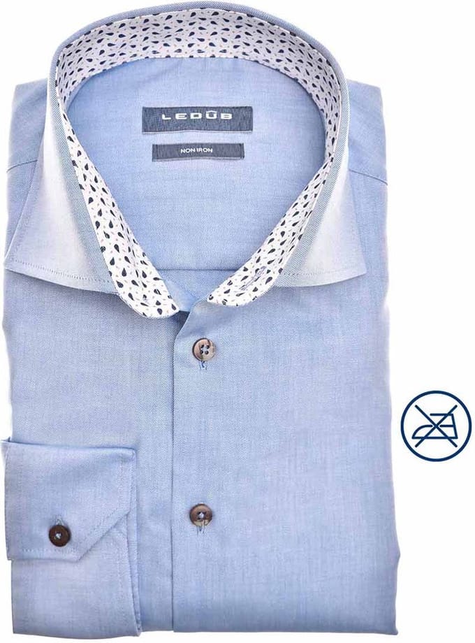 Ledub modern fit overhemd - middenblauw - Strijkvrij - Boordmaat: 45