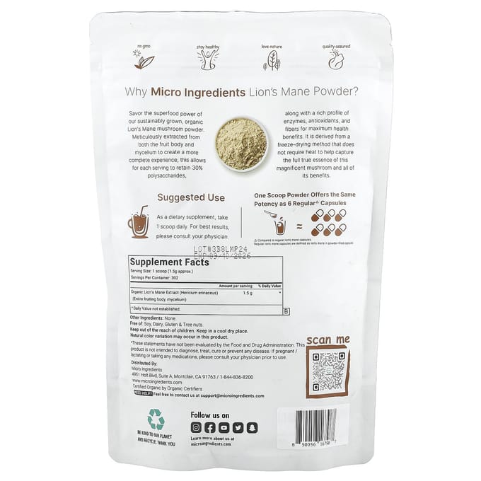 Micro-ingrédients, poudre de champignon Hericium Mane biologique, 1 lb (454 g)