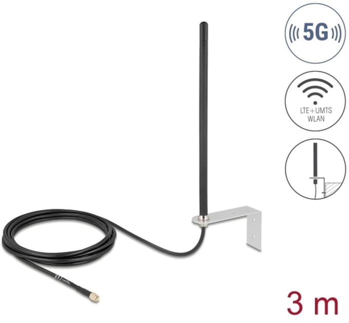 Delock 5G LTE Antenna SMA plug 3 - 5 dBi omnidirectional fixed with connection cable RG-174, 3 m wall mounting outdoor black