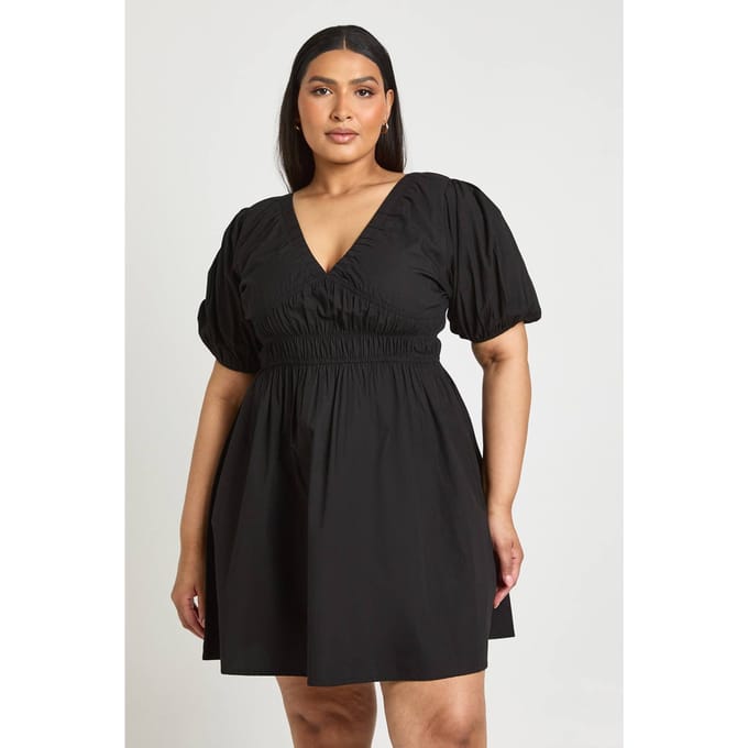 boohoo Dames Plus Mini-jurk Met Ballonmouwen Van Popeline | Zwart | Maat: 44