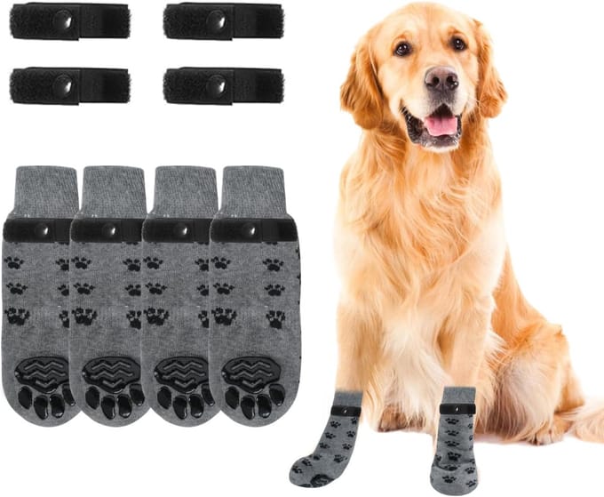 Set van 4 hondensokken, verstelbare antislip sokken voor binnen en buiten, L