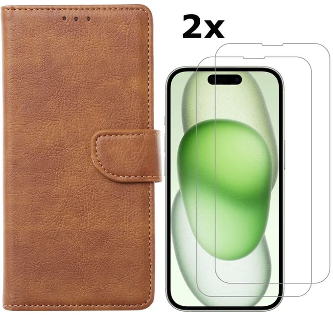 Hoesje Geschikt voor iPhone 15 hoesje bookcase met 2x screenprotector – Bruin