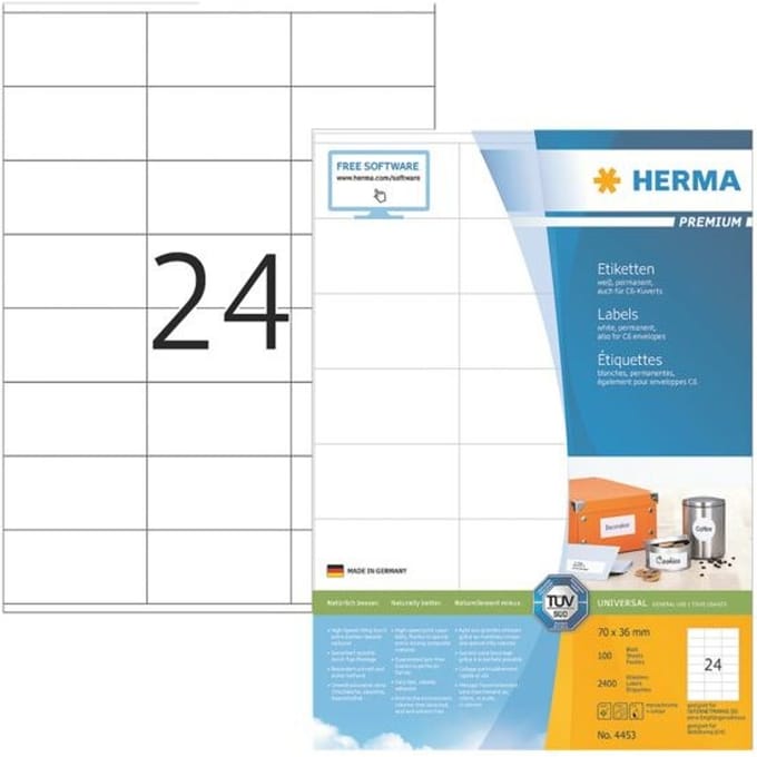 Herma premium-etiketten op A4-bladen, permanent hechtend, 2400 etiketten, 100 vellen
