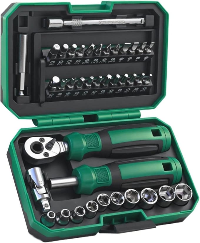 Ratelsleutel Set - Mini Socket Tool - Auto Onderhoud - Magnetische Bithouder - 40 Stuks - Grijs