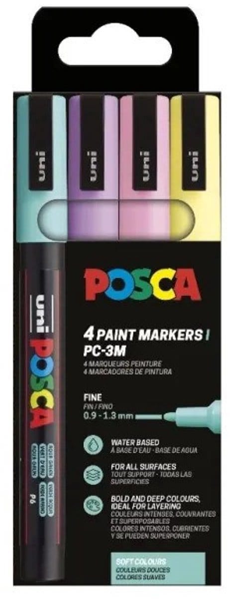 Uni POSCA paintmarker PC-3M | 1 | 5 mm | etui van 4 stuks in geassorteerde zachte kleuren