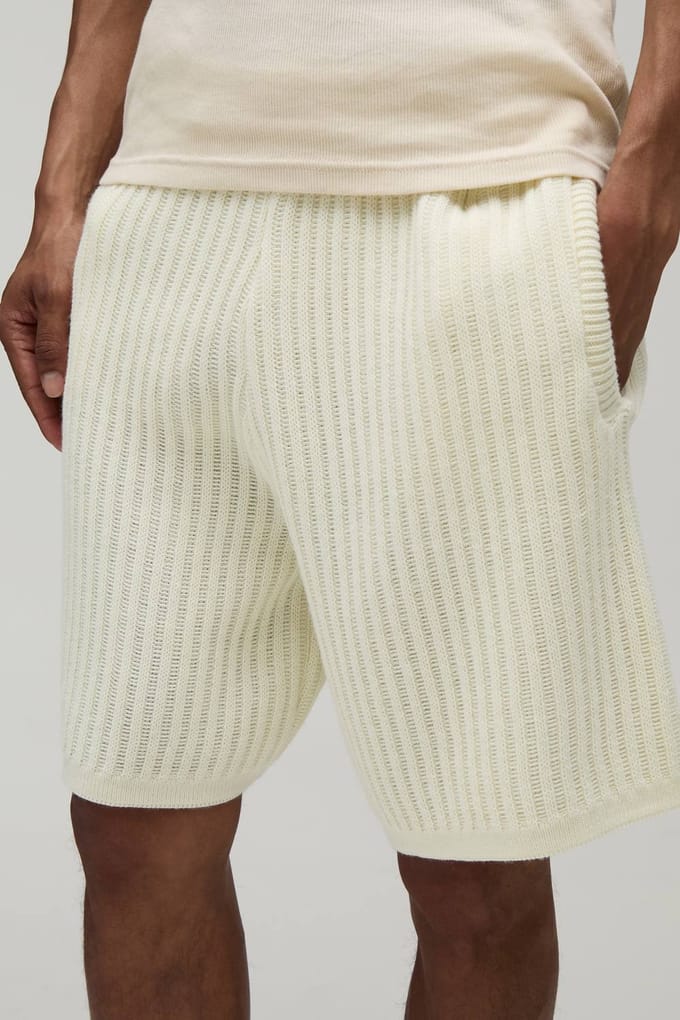 Ontspannen Geribbelde Gebreide Short | Ecru | Size Small