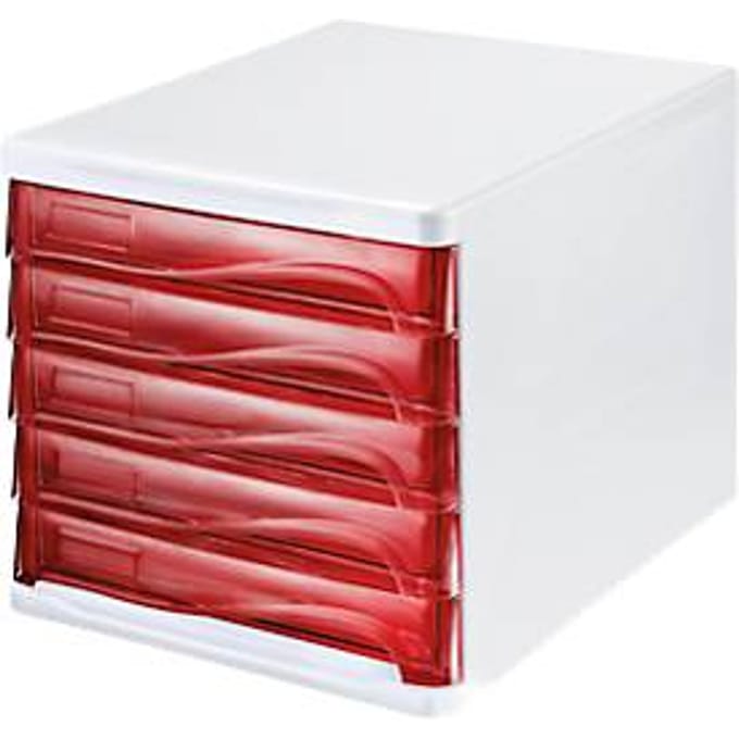 helit ladebox, 5 laden, A4, polypropeen, behuizing wit/schuiflade rood transparant