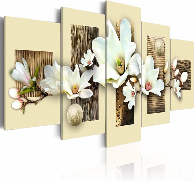 Schilderij - Textuur en magnolia , wit beige , 5 luik
