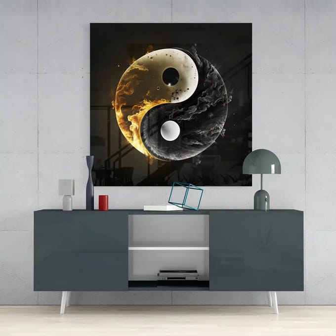 Vierkant Glasschilderij - Yin en Yang - 40x40x0.4 cm