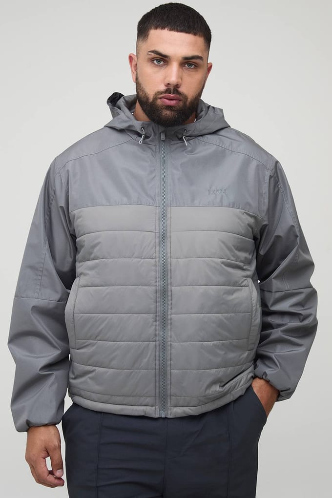 Plus Regular Fit Lightweight Gewatteerde Capuchonjas | Grey | Size 2XL