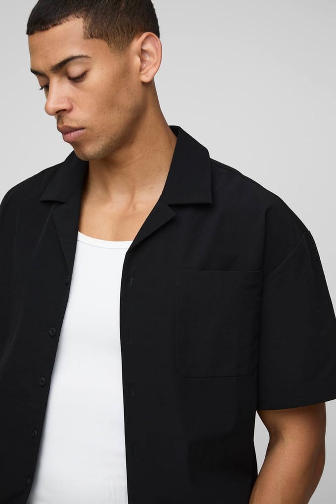 Regular Fit Technical Stretch Shirt & Tapered Trouser Set | Black | Size Medium