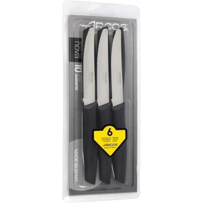 Messenset - ARCOS - 6 messen - Micro-getande bladen 11cm - Roestvrij staal - Zwarte PP handvatten