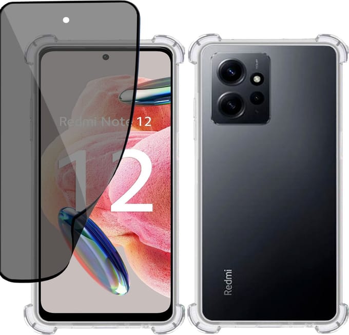 Hoesje + Privé Screenprotector geschikt voor Xiaomi Xiaomi Redmi Note 12 – Privacy Tempered Glass - Case Transparant