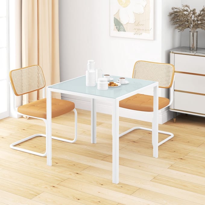 MODFU Vierkante Eettafel 75×75×75 cm Wit – Glas 0,6 cm, Gecoat Metaal, Compact, 4 Personen, Max 80 kg