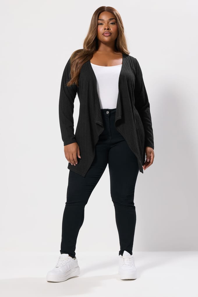 Yours Zwarte Geribbelde Waterval Cardigan Size 42