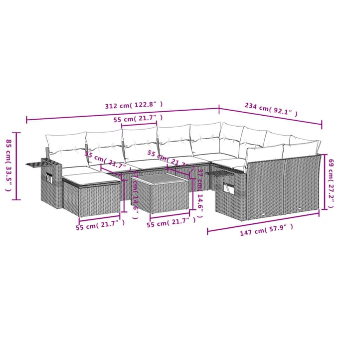 vidaXL - 11-delige - Tuinset - met - kussens - poly - rattan - beige