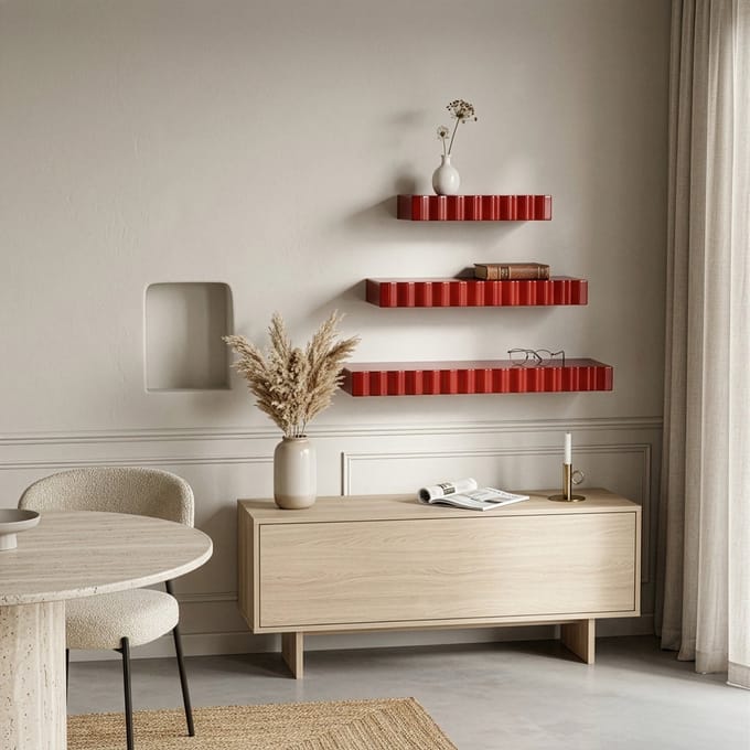 Wandplank Weaves - Rood Metaal - 60x5x15 cm (BxHxD) - Golvende Rand