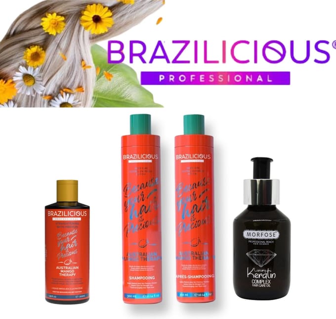 BraziliCious Australian Mango keratine & Mango Therapy Conditioner & Mango Therapy Shampoo & Morfos Keratin Oil