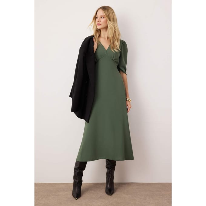 Dames Unifarben Midi Casual Skaterjurk met driekwartmouwen