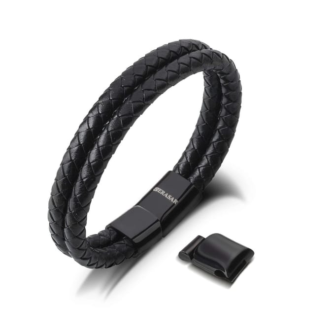 SERASAR Leren Armband Heren [Double] - Zwart 23cm - Cadeau-Idee Vriendje