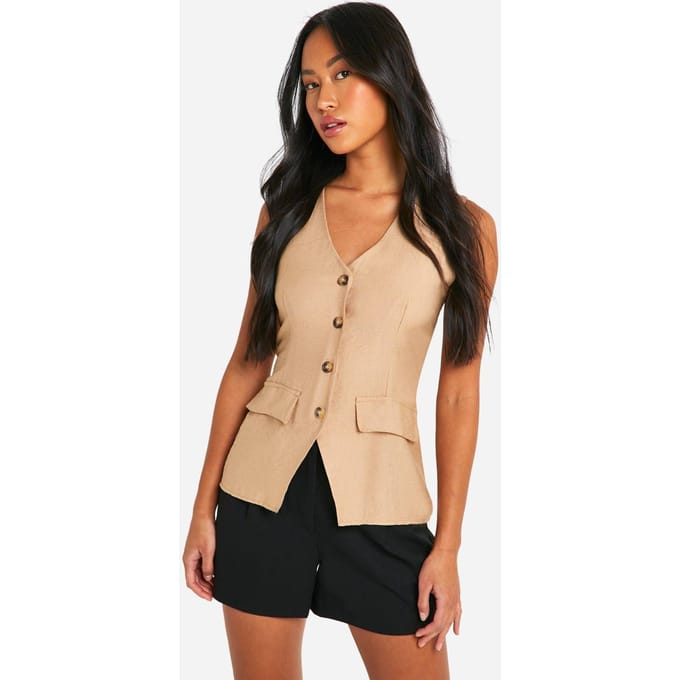 boohoo Dames Linnen-look lang vest | Taupe | Maat: 6