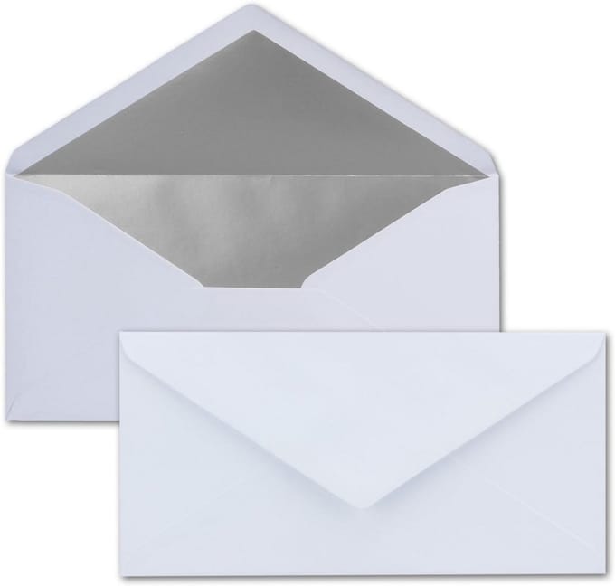 100 Witte Enveloppen DIN Lang met Zilver Metallic Voering - 110x220 mm