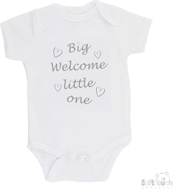 Soft Touch Romper "Big welcome little one" Unisex Katoen Wit/grijs Maat 56/62